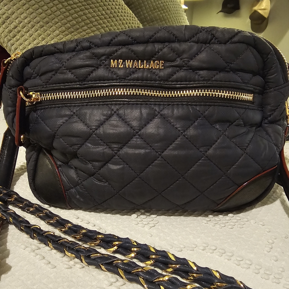 MZ Wallace Quilted Crossbody Bag in Navy and Gold Hardware